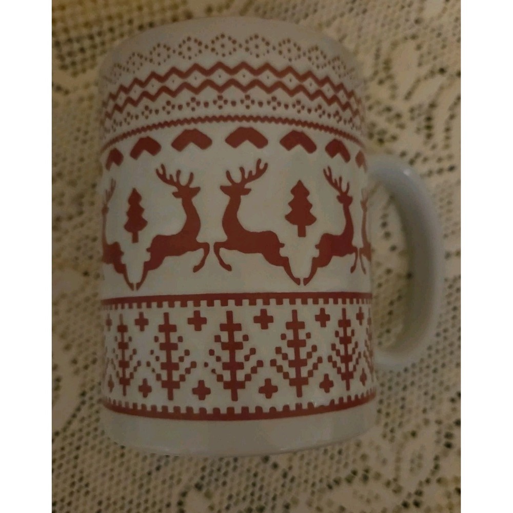 Century Fair Isle Porcelain Mug Red & White w Reindeer Trees Christmas Design
